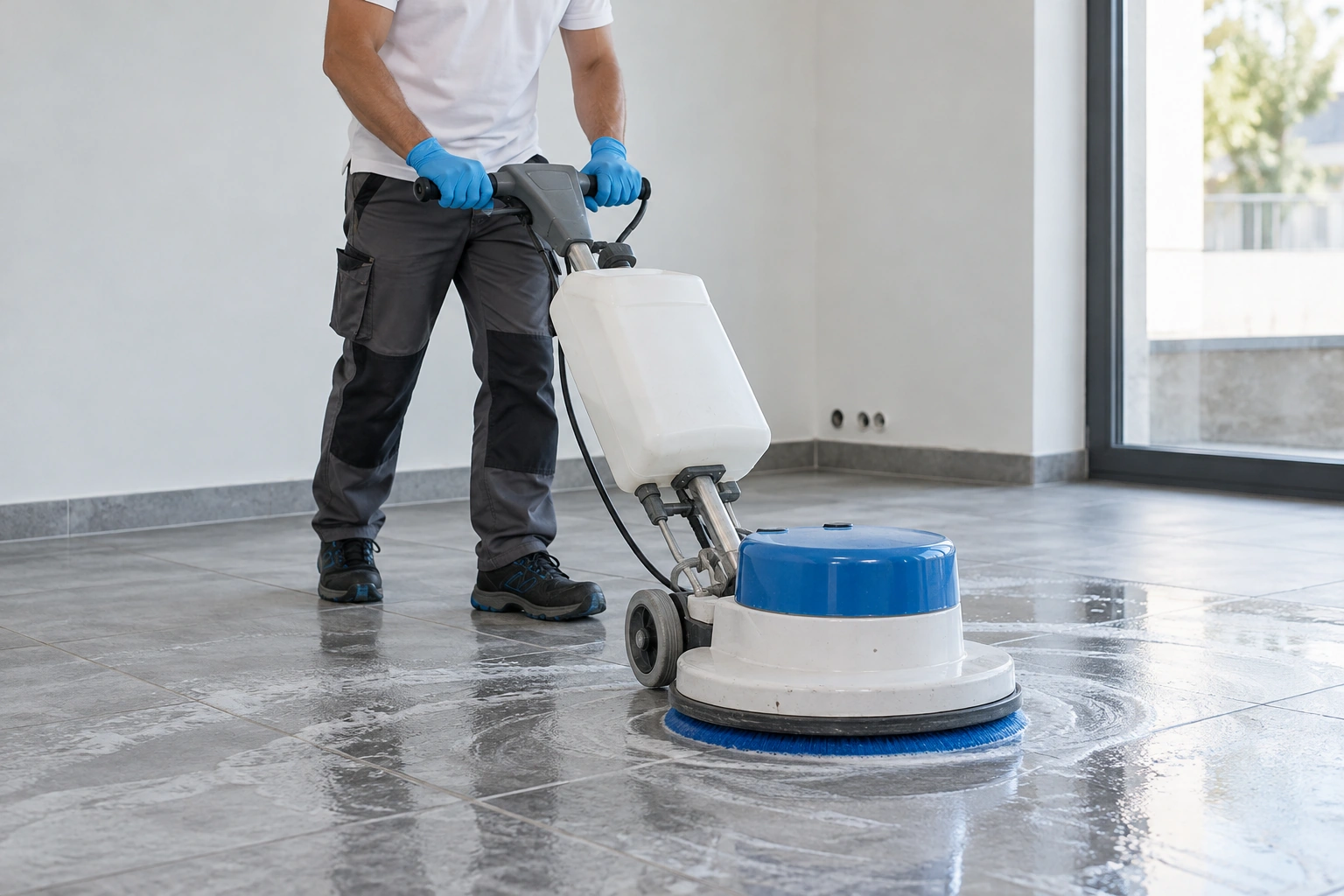Bodenreinigungsmaschine auf einem hellen Fliesenboden