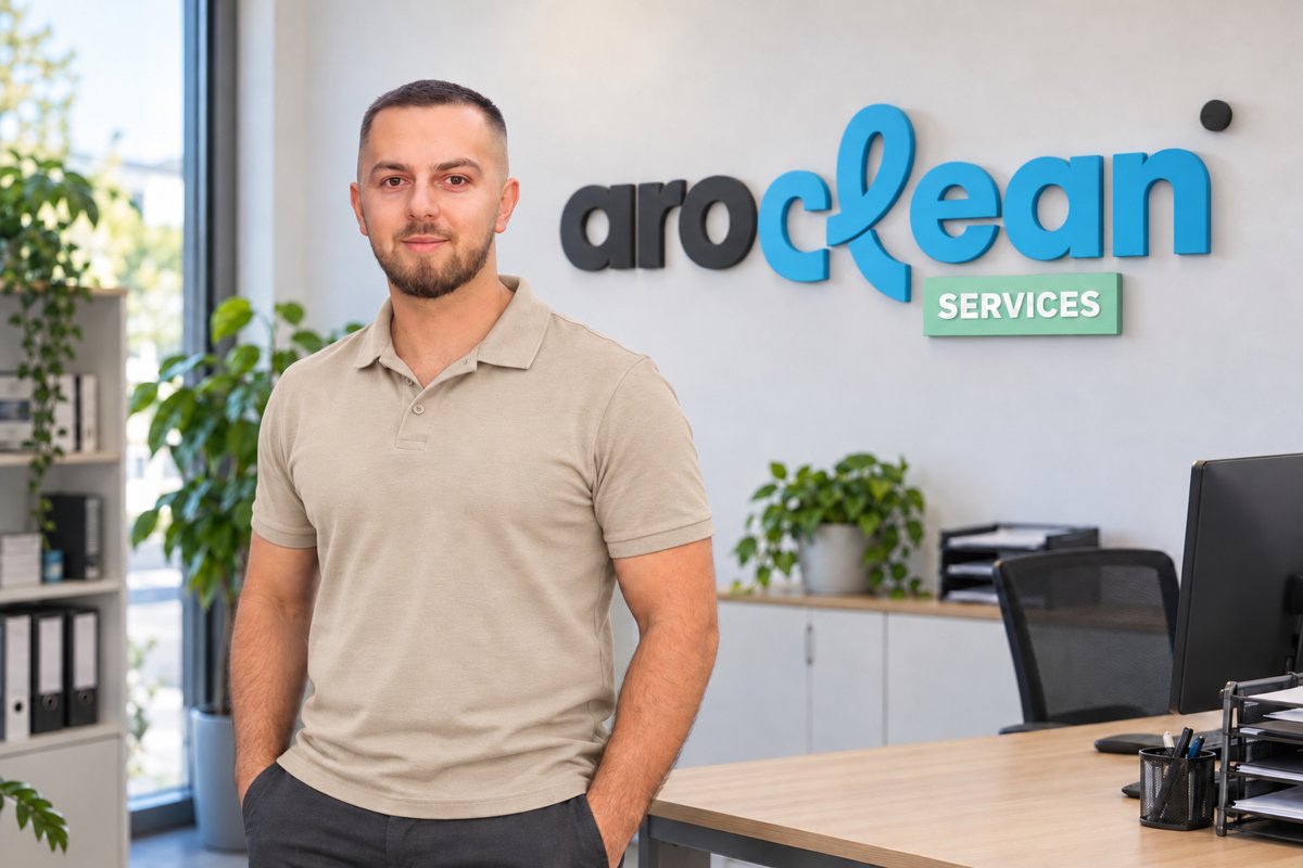 Valon Zogaj, Inhaber von AroClean, im Büro vor dem AroClean-Logo